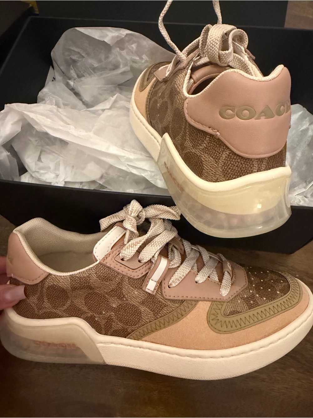 Coach Brown Canvas Low Top Sneakers with Pink Trim